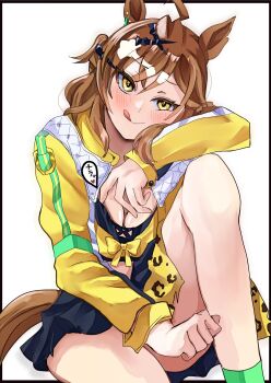 Rule 34 | 1girl, ahoge, animal ears, bandeau, blush, breasts, brown hair, cleavage, closed mouth, earrings, green socks, hair between eyes, hair ornament, hairclip, highres, horse ears, horse girl, horse tail, jacket, jewelry, jungle pocket (champion's battle cry) (umamusume), jungle pocket (umamusume), knee up, long sleeves, looking at viewer, medium breasts, medium hair, notched ear, open clothes, riiko25chan, shirt, simple background, skirt, smile, socks, solo, tail, tongue, tongue out, umamusume, white background, yellow eyes, yellow jacket