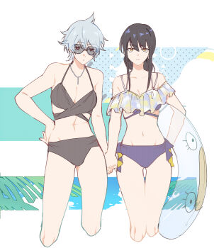 2girls absurdres bikini black_bikini black_hair breasts commentary_request cropped_legs expressionless frilled_bikini frills genderswap genderswap_(mtf) gintama grey_hair hand_on_own_hip highres hijikata_toushirou holding holding_hands holding_swim_ring innertube jewelry linea_alba medium_breasts multiple_girls navel necklace noichi_(lemonsword9326) ponytail purple_bikini red_eyes sakata_gintoki short_hair sidelocks sunglasses swim_ring swimsuit yellow_eyes