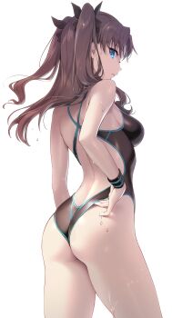 1girl absurdres ass back black_one-piece_swimsuit black_ribbon blue_eyes breasts brown_hair competition_swimsuit fate/stay_night fate_(series) floating_hair gomashio_ponz hair_ornament highres large_breasts long_hair looking_at_viewer looking_back one-piece_swimsuit ribbon simple_background solo swimsuit tohsaka_rin two_side_up water_drop wet wet_clothes white_background wristband