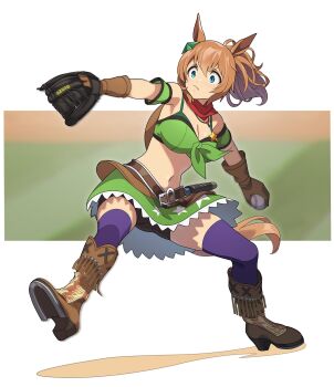 1girl absurdres animal_ears arm_garter arms_up bandana bandeau bare_shoulders baseball baseball_glove belt bike_shorts boots breasts brown_boots brown_gloves brown_hair cleavage crop_top full_body gloves green_eyes green_skirt gun handgun hat_on_back high_heel_boots high_heels highres holster holstered horse_ears horse_girl horse_tail jewelry looking_afar medium_breasts midriff motion_blur navel necklace nishiki_kazue outstretched_arm pitching ponytail purple_thighhighs revolver sequential short_hair skirt solo standing taiki_shuttle_(umamusume) tail thighhighs throwing umamusume upskirt v-shaped_eyebrows weapon white_background