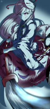 Rule 34 | 1girl, blood, blue shirt, closed mouth, commentary, expressionless, fox mask, gy9vxciahg25405, hata no kokoro, highres, holding, holding polearm, holding weapon, injury, long hair, long sleeves, looking at viewer, mask, mask on head, naginata, pink eyes, pink hair, pink skirt, polearm, shirt, signature, skirt, solo, touhou, weapon, wide sleeves