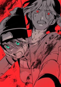 1boy 1girl amate_yuzuriha aqua_eyes beanie clenched_teeth dirty dirty_clothes dirty_face eguchi_(oui_non) gundam gundam_gquuuuuux hat red_background red_eyes red_theme shirt short_hair shuji_ito sketch split_screen sweatdrop teeth upper_body