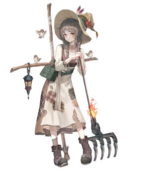 1girl absurdres bag bird braid brown_eyes brown_hair dress full_body grimlight hat hat_feather highres holding_rake huwari_(dnwls3010) lantern leaning_forward long_sleeves mouth_hold official_art patchwork_clothes patchwork_skin rake scarecrow_(grimlight) shoes solo twin_braids