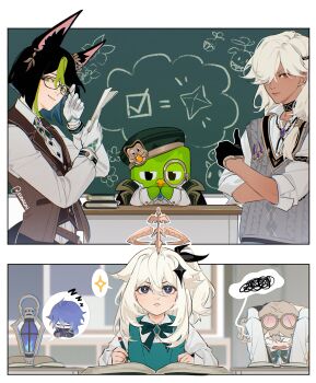 Rule 34 | 2boys, 2girls, absurdres, animal ear fluff, animal ears, black hair, blonde hair, closed mouth, cyno (duolingo) (genshin impact), cyno (genshin impact), dark-skinned male, dark skin, duo (duolingo), duolingo, eudaemi, flins (genshin impact), fox boy, fox ears, genshin impact, green eyes, green hair, hair between eyes, hair ornament, hair over one eye, halo, hat, highres, holding, jahoda (genshin impact), long hair, looking at viewer, male focus, multicolored hair, multiple boys, multiple girls, paimon (duolingo) (genshin impact), paimon (genshin impact), red eyes, short hair, third eye, tighnari (duolingo) (genshin impact), tighnari (genshin impact), white hair