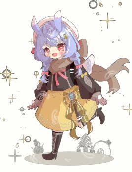 1girl blue_hair bow bowtie brown_gloves brown_jacket brown_scarf genshin_impact gloves hat highres hydro_symbol_(genshin_impact) jacket low_twintails pom_pom_(clothes) red_bow red_bowtie sakku_(haru_sakupan) scarf sigewinne_(genshin_impact) skirt twintails vision_(genshin_impact) white_hat yellow_skirt