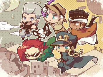 5boys blue_eyes brown_eyes brown_pants brown_shirt camel chain chibi chibi_only coat copyright_name crescent_moon dog dreadlocks earrings flattop full_body gakuran green_coat grey_coat grey_eyes grey_hair grey_pants iggy_(jojo) jean_pierre_polnareff jewelry jojo_no_kimyou_na_bouken joseph_joestar joseph_joestar_(old) kakyoin_noriaki kotorai kuujou_joutarou mohammed_avdol moon multiple_boys pants plant school_uniform shirt sparse_stubble sun sunglasses vines