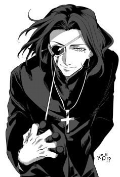 1boy closed_mouth commentary_request cowboy_shot cross cross_necklace eyepatch fate/strange_fake fate_(series) floating_hair greyscale hansa_cervantes highres iz_(izit_unk) jewelry long_sleeves looking_at_viewer male_focus medium_hair mole mole_under_eye monochrome necklace priest simple_background smile solo white_background