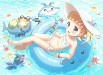 1girl barefoot bikini blonde_hair blue_bikini blue_eyes blush bonnie_(pokemon) bow child choker dedenne drinking_straw feet finneon flat_chest flower frilled_bikini frills gen_2_pokemon gen_4_pokemon gen_6_pokemon hair_flower hair_ornament hat heart highres innertube legendary_pokemon lying mantyke marill navel nintendo open_mouth pokemon pokemon_(anime) pokemon_(creature) pokemon_xy_(anime) porocha smile sunglasses swim_ring swimsuit water zygarde zygarde_core