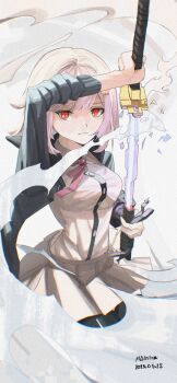 1girl absurdres breasts brown_hair collared_shirt commentary danganronpa_(series) danganronpa_2:_goodbye_despair flipped_hair hair_ornament highres hood jacket katana long_sleeves looking_at_viewer magira_(opening-magician1309) medium_hair nanami_chiaki neck_ribbon open_clothes open_jacket pink_eyes pink_ribbon red_eyes ribbon shirt skirt smile solo sword weapon white_background white_shirt