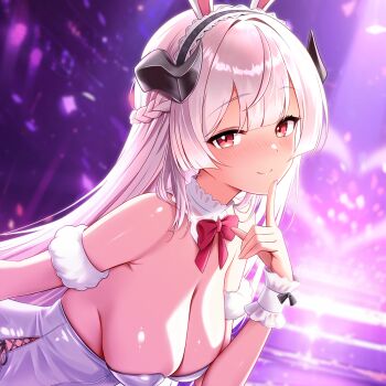 1girl animal_ear_hairband animal_ears arena bare_shoulders bent_over blue_leotard blunt_bangs blunt_ends blush bow bowtie braid breasts cleavage closed_mouth criss-cross_strings cross-laced_slit demon_girl demon_horns detached_collar dutch_angle fake_animal_ears fake_horns finger_to_mouth hairband hand_up heart highres horns index_finger_raised large_breasts leotard looking_at_viewer mikii playboy_bunny purple_background rabbit_ear_hairband rabbit_ears red_bow red_bowtie red_eyes revision side-tie_leotard sideboob sidelocks smile solo spotlight stella_sora strapless strapless_leotard traditional_bowtie upper_body virigia_(stella_sora) white_hair white_wrist_cuffs wrist_cuffs