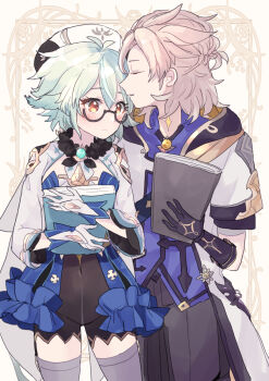 Rule 34 | 1boy, 1girl, albedo (genshin impact), beret, black gloves, black leotard, black pants, black thighhighs, blue leotard, blue shirt, blush, book, border, brown-framed eyewear, chiri (o9o9), coat, covered navel, cowboy shot, frilled leotard, frills, fur collar, genshin impact, gloves, gold trim, green hair, hair between eyes, hat, hetero, highres, holding, holding book, hood, hood down, hooded coat, leotard, light brown hair, long hair, long sleeves, multicolored leotard, orange eyes, ornate border, pants, scar, scar on neck, semi-rimless eyewear, sepia background, shirt, smile, sucrose (genshin impact), thighhighs, two-tone leotard, under-rim eyewear, vision (genshin impact), white coat, white gloves, white headwear