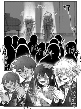 Rule 34 | 2girls, 4boys, alternate costume, antenna hair, aubrey (faraway) (omori), aubrey (omori), basil (faraway) (omori), basil (omori), bow, bow (music), bowing, bowtie, brother and sister, brothers, clapping, closed eyes, closed mouth, collarbone, collared shirt, commentary request, crying, dark-skinned male, dark skin, double-parted bangs, dress, ear piercing, flower, formal clothes, germany omori, greyscale, hair between eyes, hair bow, hair flower, hair ornament, hero (faraway) (omori), hero (omori), highres, holding, holding bow (music), holding instrument, holding violin, instrument, kel (faraway) (omori), kel (omori), long hair, long sleeves, mari (faraway) (omori), mari (omori), monochrome, multiple boys, multiple girls, omori, open mouth, pants, piercing, shirt, short hair, siblings, sidelocks, streaming tears, suit, sunny (omori), tears, teeth, translation request, upper teeth only, violin