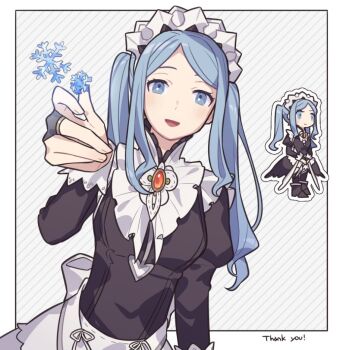 1girl apron blue_hair bridal_gauntlets feather_trim fire_emblem fire_emblem_fates flora_(fire_emblem) frost haconeri maid maid_apron maid_headdress multiple_views nintendo snowflakes