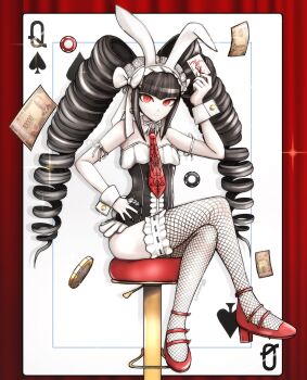 Rule 34 | 1girl, alternate costume, animal ears, black hair, black leotard, black nails, bow, card, celestia ludenberg, closed mouth, collar, commentary, danganronpa: trigger happy havoc, danganronpa (series), detached collar, drill hair, english commentary, eyelashes, fishnet thighhighs, fishnets, fukuzawa yukichi, full body, hand on own hip, high heels, highres, holding, holding card, joker (playing card), leotard, money, nail polish, necktie, official alternate costume, on stool, pale skin, playboy bunny, playing card, poker chip, queen (playing card), queen of spades (playing card), rabbit ears, rancorart, red eyes, red necktie, red shoes, shoes, sitting, smile, solo, sparkle, stool, thighhighs, white bow, white collar, white wrist cuffs, wrist cuffs
