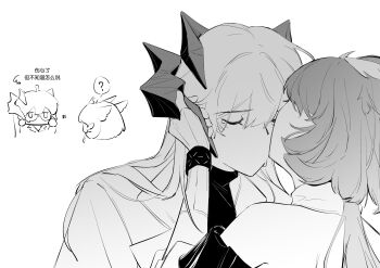 2girls ajiajia1104 arknights chinese_commentary chinese_text coat commentary_request dragon_horns feather_hair highres holding_another's_horns horns infection_monitor_(arknights) kiss kissing_cheek long_hair multiple_girls saria_(arknights) silence_(arknights) tears translation_request yuri