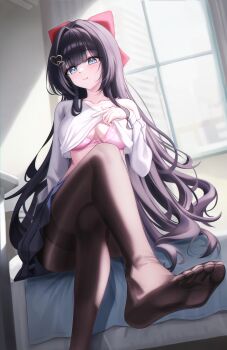Rule 34 | 1girl, absurdres, bare shoulders, bed, black hair, black pantyhose, black skirt, blue eyes, blue skirt, blunt bangs, blush, bow, bow bra, bra, bra strap, breasts, breasts apart, closed mouth, clothes lift, collarbone, commentary request, couch, crop top, crossed legs, curtains, day, dutch angle, feet, foot out of frame, foreshortening, from below, hair bow, hair intakes, hair ornament, hair ribbon, hand up, heart, heart hair ornament, highres, indoors, juchyoko, korean commentary, large breasts, legs, lifting own clothes, light particles, long hair, long sleeves, looking at viewer, no shoes, on couch, pantyhose, pink bra, pleated skirt, red bow, red ribbon, ribbon, shirayuki hina, shirt, shirt lift, sidelocks, single bare shoulder, single off shoulder, sitting, skirt, smile, soles, solo, stellive, thighband pantyhose, thighs, toe seam, toes, underwear, very long hair, virtual youtuber, white shirt, window