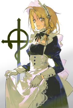 1boy ahoge alternate_costume apron apron_hold back_bow bags_under_eyes black_bow black_dress black_ribbon blonde_hair bow braid breast_cutout caley25364498 chinese_commentary clenched_teeth commentary cowboy_shot crossdressing crossdressing_(mtf) dress edward_elric empty_eyes frilled_apron frills fullmetal_alchemist furrowed_brow gloves hair_bow hair_over_shoulder highres juliet_sleeves long_hair long_sleeves looking_at_viewer maid maid_headdress male_focus male_maid medium_hair neck_ribbon parted_bangs puffy_sleeves ribbon simple_background single_braid solo standing sweat teeth waist_apron white_apron white_background white_bow white_gloves yellow_eyes