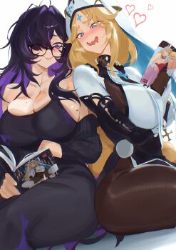 2girls absurdly_long_hair absurdres arm_warmers black_arm_warmers black_dress black_hair black_pantyhose blonde_hair blush book breasts cleavage colored_inner_hair commentary cross cross_facial_mark cross_necklace dress drooling english_commentary facial_mark female_pervert glasses goddess_of_victory:_nikke heart highres hirosenpai holding holding_book jewelry label_(nikke) large_breasts long_hair manga_(object) messy_hair mole mole_on_breast mouth_drool multicolored_hair multiple_girls necklace nun pantyhose pervert purple_eyes purple_hair rapunzel_(nikke) rupee_(nikke) rupee_(rabbit_deluxe)_(nikke) sitting two-tone_hair veil very_long_hair viper_(nikke) viper_(toxic_rabbit)_(nikke) white_dress white_veil