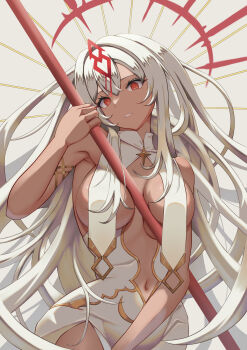 1girl azur_lane breast_curtains breasts center_opening commentary_request dark-skinned_female dark_skin dress gold_trim hair_between_eyes highres long_hair looking_at_viewer medium_breasts navel red_eyes rizzy sao_martinho_(azur_lane) solo very_long_hair white_dress white_hair