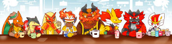 6+boys :3 animal_ear_fluff animal_ears animal_hands animal_nose artist_name bandana bead_necklace beads beak beard bird_boy black_coat black_fur blaziken blonde_hair blue_background blue_eyes body_fur bow bright_pupils brown_fur brown_headwear brown_shirt buck_teeth capelet cat_boy cat_ears charizard cinderace claws closed_mouth clothed_pokemon coat colored_sclera colored_skin cowboy cowboy_western cream cup delphox dessert dragon_boy drinking_glass emboar english_text facial_hair fang fangs fangs_out fedora fiery_hair food fox_boy fox_ears fur_collar furry furry_male gen_1_pokemon gen_2_pokemon gen_3_pokemon gen_4_pokemon gen_5_pokemon gen_6_pokemon gen_7_pokemon gen_8_pokemon green_eyes green_wings grey_fur hair_bow half-closed_eyes hand_on_own_cheek hand_on_own_face hand_up hat headband highres holding holding_cup holding_smoking_pipe ice ice_cream ice_cream_float ice_cube incineroar infernape jacket japanese_clothes jewelry kiki_(431642) kimono long_hair long_sleeves looking_at_another looking_to_the_side matching_hair/eyes monkey_boy monkey_ears mug multicolored_fur multiple_boys necklace nintendo notice_lines open_mouth orange_skin orange_vest parfait pig_boy pig_nose pokemon pokemon_(creature) rabbit_boy rabbit_ears red_bow red_eyes red_fur red_hair red_kimono sheriff_badge shirt short_hair short_sleeves shrug_(clothing) sitting sleeveless sleeveless_kimono smoke smoking smoking_pipe snout star_(symbol) straight-on surprised sweat table teeth thick_eyebrows trait_connection tusks twitter_username typhlosion upper_body vest watermark western white_fur white_jacket white_pupils white_shirt wings yellow_bandana yellow_capelet yellow_fur yellow_sclera yellow_shirt