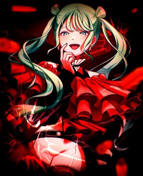 1girl :d belt black_background black_belt black_shirt bullet clothing_cutout commentary crack cracked_glass double_bun earrings frilled_shirt frills green_eyes green_hair green_nails hair_bun hand_on_own_chin hatsune_miku jewelry long_hair long_sleeves looking_at_viewer nail_polish off-shoulder_shirt off_shoulder open_mouth project_sekai red_shirt shirt short_shorts shorts shoulder_cutout sidelocks smile solo solura10839 swept_bangs tongue tongue_out twintails violence_trigger_(vocaloid) vivid_bad_squad_miku vocaloid white_shorts