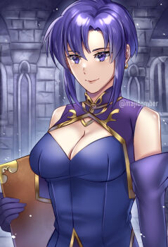 1girl bare_shoulders blue_eyes blue_hair book breasts cleavage earrings elbow_gloves fire_emblem fire_emblem:_the_blazing_blade gloves holding holding_book indoors jewelry large_breasts maji_(majibomber) nintendo purple_gloves shirt sleeveless sleeveless_shirt smile solo upper_body ursula_(fire_emblem)