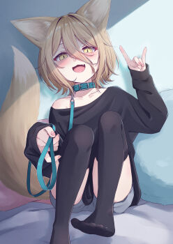 1girl :3 :d absurdres alternate_costume animal_ear_fluff animal_ears black_shirt black_thighhighs blonde_hair blush collar collarbone commentary_request diamond-shaped_pupils diamond_(shape) dot_nose fang film_grain fox_ears fox_girl fox_shadow_puppet fox_tail green_collar grey_shorts hair_between_eyes hand_up highres holding_own_leash knees_up kudamaki_tsukasa leash long_bangs long_hair_between_eyes long_sleeves looking_at_viewer mizore_arius nail_polish off_shoulder offering_leash open_mouth partial_commentary pink_nails shirt shirt_slip short_hair short_shorts shorts sitting skin_fang sleeves_past_wrists smile solo symbol-shaped_pupils tail thighhighs touhou yellow_eyes
