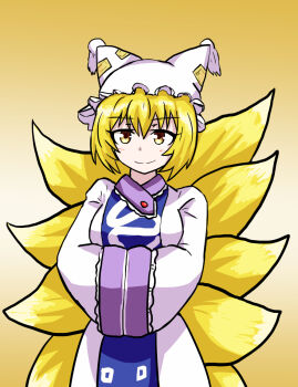 Rule 34 | animal ears, animal hat, arm under breasts, blonde hair, blue tabard, breasts, closed mouth, commentary request, eyelashes, facing viewer, fox ears, fox girl, fox tail, hat, highres, large tail, looking at viewer, mob cap, own hands together, simple background, smile, tabard, table (msn-00100hyak-shiki), tail, very long tail, yellow background, yellow eyes