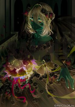 1girl aqua_eyes aqua_ribbon arcade_(architecture) arch baby&#039;s-breath bare_shoulders black_nails blue_flower blue_rose bouquet bow braid bridal_veil bride butterfly_hair_ornament closed_mouth collarbone copyright_notice cowboy_shot dress dress_flower flower flower_trim gown gradient_clothes gradient_dress grey_bow grey_dress grey_flower grey_hair grey_rose grin hair_between_eyes hair_flower hair_intakes hair_ornament half_up_braid holding holding_bouquet kinokohime lace lace-trimmed_veil lace_trim long_dress long_hair_between_eyes long_sleeves looking_at_viewer mole mole_under_eye mole_under_mouth nail_polish nijisanji off-shoulder_dress off_shoulder offering_hand official_art purple_flower ribbon rose sample_watermark sideways_glance smile solo sophia_valentine stairs standing veil virtual_youtuber waist_bow watermark wedding_dress white_dress white_flower white_rose white_veil