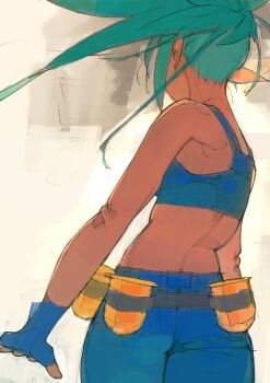 Rule 34 | 1girl, ammunition belt, back, bare arms, bare shoulders, blue gloves, blue pants, crop top, fingerless gloves, gloves, highres, leona heidern, pants, pointy ears, ponytail, sleeveless, solo, spiked hair, tank top, the king of fighters, the king of fighters xiii, umezawa michiko