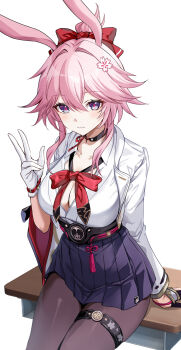 1girl animal_ears asymmetrical_gloves black_choker black_gloves black_pantyhose black_skirt bow breasts choker cleavage commentary_request evanescia_(honkai:_star_rail) expressionless flower fox_ears fox_girl gloves hair_between_eyes hair_bow hair_flower hair_ornament hand_up harimoji highres honkai:_star_rail honkai_(series) jacket large_breasts long_sleeves mismatched_gloves open_clothes open_jacket open_shirt pantyhose partially_fingerless_gloves pleated_skirt red_bow shirt shirt_tucked_in short_hair_with_long_locks sitting skirt sweat thigh_strap w white_background white_gloves white_jacket white_shirt