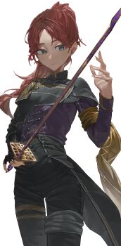 1girl absurdres clair_obscur:_expedition_33 closed_mouth collar commission commissioner_upload fingerless_gloves fingernails gloves green_eyes highres holding holding_sword holding_weapon long_hair long_sleeves maelle_(clair_obscur:_expedition_33) ponytail rapier red_hair simple_background single_fingerless_glove solo starshell sword weapon white_background