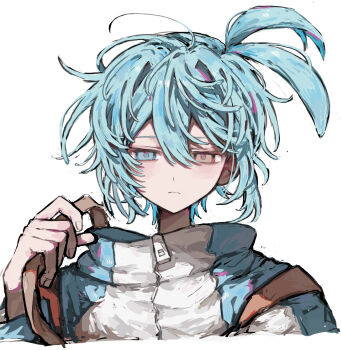 Rule 34 | 1boy, absurdres, blue eyes, blue hair, blue jacket, closed mouth, commentary request, double-parted bangs, expressionless, griffon0416, hair between eyes, heterochromia, highres, jacket, looking at viewer, male focus, multicolored jacket, puyopuyo, red eyes, short hair, sidelocks, sig (puyopuyo), simple background, solo, upper body, white background, white jacket, zipper, zipper pull tab