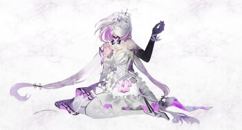 1girl absurdres apron bare_shoulders bow bug butterfly castorice_(honkai:_star_rail) crown dress flower hair_flower hair_ornament highres honkai:_star_rail honkai_(series) insect long_hair maid_apron poursuu purple_dress purple_hands ribbon seiza sitting white_background white_bow white_hair