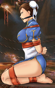 1girl absurdres arms_behind_back ass barefoot bdsm bit_gag body_blush bondage bound bound_ankles bound_arms bound_legs bound_wrists breasts brown_eyes brown_hair bun_cover capcom chain chinese_clothes chun-li double_bun from_side gag gagged hair_bun highres improvised_gag kneeling large_breasts legs long_legs lost_one_zero nail_polish seiza short_hair sitting street_fighter sweat tape tape_bondage