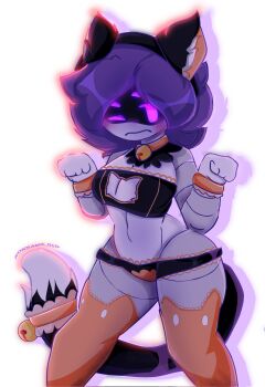 animal_ears bell bra breasts cat_cutout cat_ears cat_lingerie cleavage cleavage_cutout clothing_cutout collar glitch_productions highres meme murder_drones no_humans purple_eyes purple_hair sad_cat_dance_(meme) tail thighhighs underwear uzi_(murder_drones)