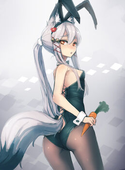 1girl animal_ears ass bad_id bad_tumblr_id bare_shoulders bee_(deadflow) bell black_pantyhose blush breasts carrot concon-collector cowboy_shot detached_collar fake_animal_ears female_focus flower fox_ears fox_tail from_behind grey_hair hair_bell hair_between_eyes hair_flower hair_ornament hair_ribbon jingle_bell long_hair looking_at_viewer looking_back original pantyhose playboy_bunny ponytail rabbit_ears red_eyes red_ribbon ribbon sideboob small_breasts solo standing tail tress_ribbon tsurime wrist_cuffs