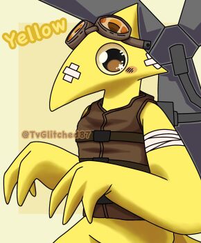 absurdres bandage_on_face bandage_on_nose bandages eyewear_on_head furry goggles goggles_on_head highres looking_at_viewer propeller pterosaur rainbow_friends solo sparkle sparkling_eyes vest yellow_(rainbow_friends)
