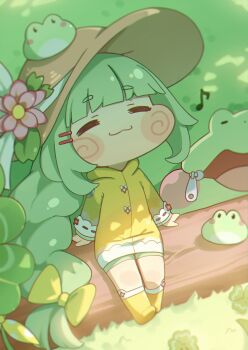 1girl :3 =_= blunt_bangs boots bow braid braided_ponytail chibi chibi_only closed_eyes closed_mouth clover cocokawa_(cjsj8353) commentary flower frog frog_hat_ornament full_body grass green_hair green_ribbon green_shorts hair_bow hair_flower hair_ornament hairclip hat hat_ornament hat_ribbon highres hood hood_down log long_hair musical_note outdoors parallel_hairclips pink_flower raincoat ribbon ribbon-trimmed_sleeves ribbon_trim rubber_boots shorts sitting sitting_on_log smile solo sun_hat symbol-only_commentary trickcal ui_(trickcal) very_long_hair yellow_boots yellow_bow yellow_raincoat zipper_pull_tab
