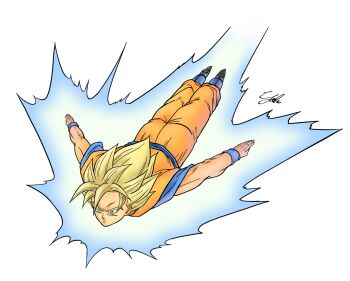 Rule 34 | 1boy, aura, blonde hair, blue boots, blue sash, blue shirt, blue wrist cuffs, boots, commentary request, dougi, dragon ball, dragonball z, flying, full body, gakumanabu, green eyes, highres, male focus, medium hair, muscular, muscular male, orange pants, orange shirt, pants, sash, shirt, signature, simple background, solo, son goku, spiked hair, super saiyan, super saiyan 1, white background, wrist cuffs