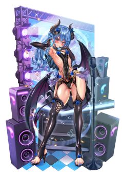 1girl absurdres armpits bare_should bare_shoulders blue_eyes blue_flower blue_hair blue_nails blue_rose blush breasts concert covered_erect_nipples covered_navel demon_horns demon_tail demon_wings feet flat_chest flower gloves grin high_heels highres hololive horns hoshimachi_suisei jagoo latex latex_gloves latex_thighhighs lightning long_hair microphone midriff musical_note nail_polish navel nipple_slip nipples panties pantyhose pubic_tattoo revealing_clothes rose small_breasts smile stage stereo tail tattoo thighhighs underwear virtual_youtuber wings