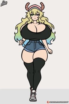 1girl animated artist_logo artist_name baseball_cap black_eyes black_tank_top black_thighhighs blonde_hair blue_hair blue_shorts bouncing_breasts breasts cleavage commentary denim denim_shorts dragon_girl dragon_horns english_commentary expressionless full_body gradient_hair green_eyes green_hair grey_background hat heterochromia highres horns huge_breasts kobayashi-san_chi_no_maidragon logo long_hair looking_at_viewer looping_animation lucoa_(maidragon) multicolored_hair parted_lips patreon_username pink_hat pink_shoes running shirt_tucked_in shoes short_shorts shorts sidelocks simple_background sleeveless sneakers solo srbready tagme tank_top thighhighs thighs unusually_open_eyes video wavy_hair white_shoes yellow_pupils