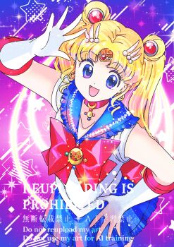 1girl bishoujo_senshi_sailor_moon blonde_hair blue_eyes blue_sailor_collar bow bowtie choker circlet crescent crescent_choker crescent_earrings double_bun dress earrings elbow_gloves frilled_dress frilled_skirt frills gem gloves hair_bun hair_ornament highres jewelry long_hair pearl_(gemstone) red_bow red_bowtie red_choker red_gemstone sailor_collar sailor_moon sailor_senshi_uniform shirt skirt smile solo spicablue1 transformation_brooch_(sailor_moon) twintails white_gloves white_shirt