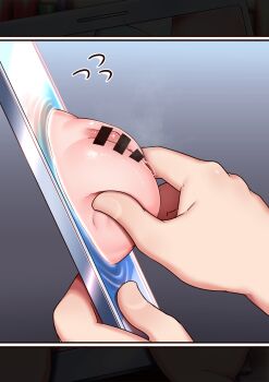 1boy 1girl arona_(blue_archive) bar_censor blue_archive censored cleft_of_venus clitoris fat_mons flying_sweatdrops grey_background groin hetero highres holding holding_tablet_pc lemon_snail loli pussy pussy_juice pussy_squeeze spoken_flying_sweatdrops tablet_pc through_medium through_screen