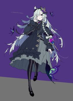 1girl ahoge belt black_belt black_bow black_bowtie black_pantyhose bow bow_hairband bowtie braid bug bukurote butterfly catriona dress frilled_dress frilled_skirt frilled_sleeves frills gothic_lolita hair_over_one_eye hairband hashtag-only_commentary highres insect lolita_fashion long_hair long_skirt looking_at_viewer mary_janes pantyhose parted_lips patterned_legwear pleated_skirt purple_background shadowverse shadowverse:_worlds_beyond shoes skirt solo white_hair