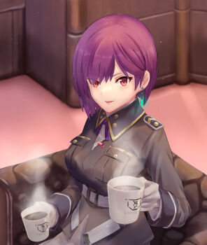 1girl absurdres belt black_jacket blunt_ends bob_cut breasts coffee coffee_mug commentary cowboy_shot cup dual_wielding earrings eyes_visible_through_hair gloves hair_behind_ear hair_between_eyes heaven_burns_red highres holding holding_cup incoming_food indoors jacket jewelry large_breasts long_sleeves looking_at_viewer mature_female military_uniform missing_headwear mug null1000_4869 open_mouth purple_hair red_eyes short_hair sitting smile solo steam tezuka_saki white_belt white_gloves