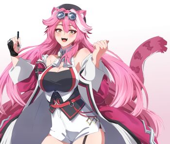 Rule 34 | 1girl, :3, absurdres, animal ear fluff, animal ears, ascot, belt, beret, black belt, black gloves, black hat, black tube top, blue gemstone, blush, breasts, cleavage, coat, collared shirt, commentary, eyeshadow, fangs, gem, gloves, goggles, goggles on head, gradient background, hair intakes, half gloves, hand up, hat, high-waist shorts, highres, holding, holding pen, hololive, hololive english, jewelry, knew nothing, large breasts, long hair, long sleeves, looking at viewer, makeup, multicolored hair, nail polish, open clothes, open coat, open mouth, panther ears, panther girl, panther tail, pen, pink background, pink coat, pink eyeshadow, pink hair, pink nails, raora panthera, raora panthera (1st costume), red belt, ring, shirt, shorts, single glove, single half glove, sleeveless, sleeveless shirt, smile, solo, strapless, streaked hair, tail, teeth, thighs, tongue, tube top, two-tone hair, upper teeth only, virtual youtuber, white ascot, white background, white shirt, white shorts, yellow eyes