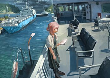 1girl absurdres anko1127 bench black_eyes black_pantyhose book chair commission cropped_shirt dock dress expressionless hair_bun highres holding holding_book lamppost open_clothes open_shirt original outdoors pantyhose pink_hair railing ship shirt_over_dress sideways_glance skeb_commission solo standing table umbrella water watercraft