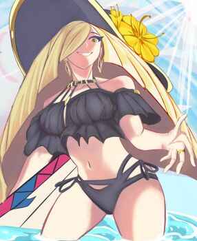 1girl bikini black_bikini black_hat blonde_hair breasts cloud collarbone earrings flower green_eyes grin hair_over_one_eye hat hat_flower highres jewelry large_breasts light_rays long_hair looking_at_viewer lusamine_(pokemon) mature_female nintendo ocean p3potlg pokemon pokemon_sun_and_moon ring side-tie_bikini_bottom sky smile solo standing sun_hat sunbeam sunlight swimsuit teeth very_long_hair wading water yellow_flower