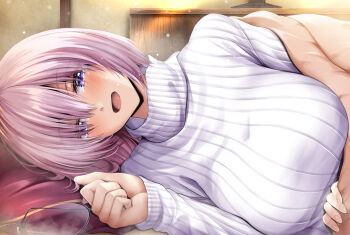 1girl breasts commentary_request cuddling fate/apocrypha fate/extra fate/grand_order fate_(series) hair_between_eyes happy kagura_yuuto large_breasts long_hair looking_at_viewer lying mash_kyrielight open_mouth purple_eyes purple_hair sweater under_covers white_sweater